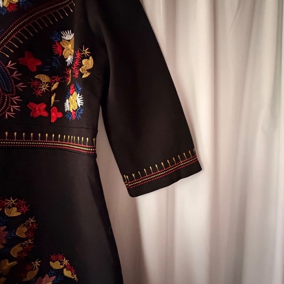 Lai Meng Five Cats Black Embroidered Flare Dress Zip Round Neck 3/4 Sleeve Large - Picture 8 of 11